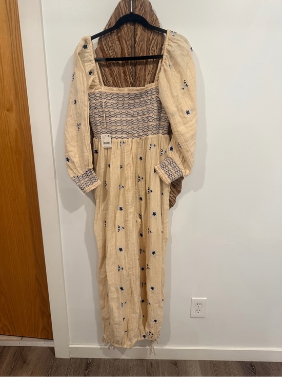 Free People Pants - Free People Cream Maxi Jumpsuit with Navy Embroidery - Stunning 🤩